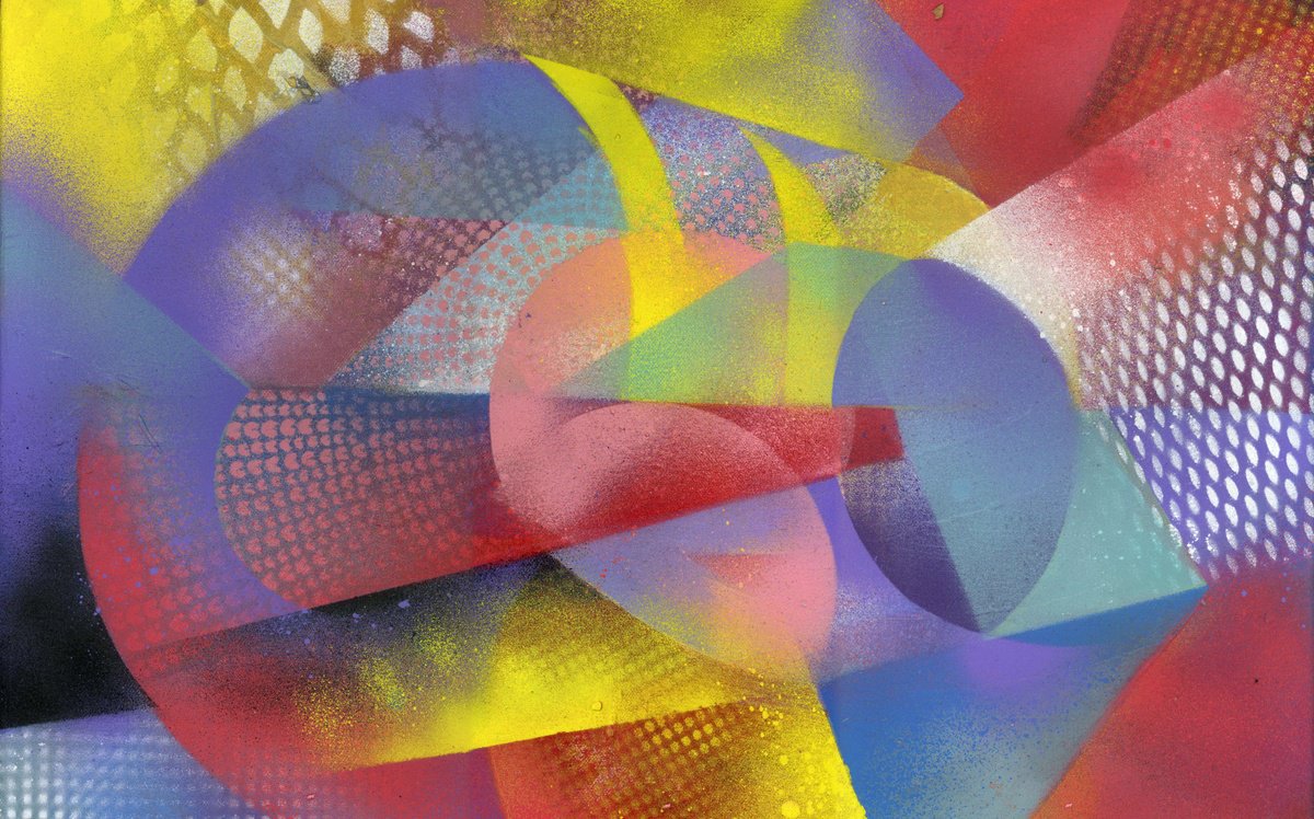 Geometric Abstract Acrylic Painting By Alfred Ng, 18 X 12, Festive Colors, Original Artwork