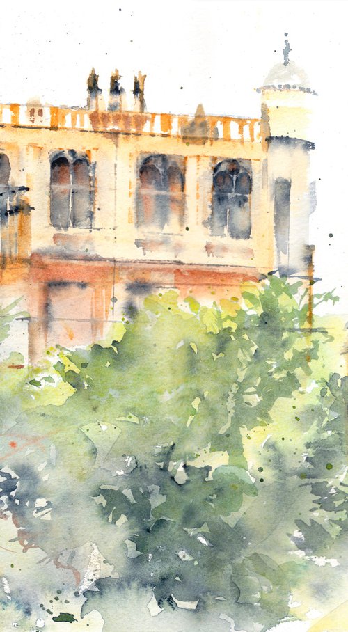 Wollaton Hall painting, Nottingham Art, English Stately home, loose watercolour, watercolor by Anjana Cawdell