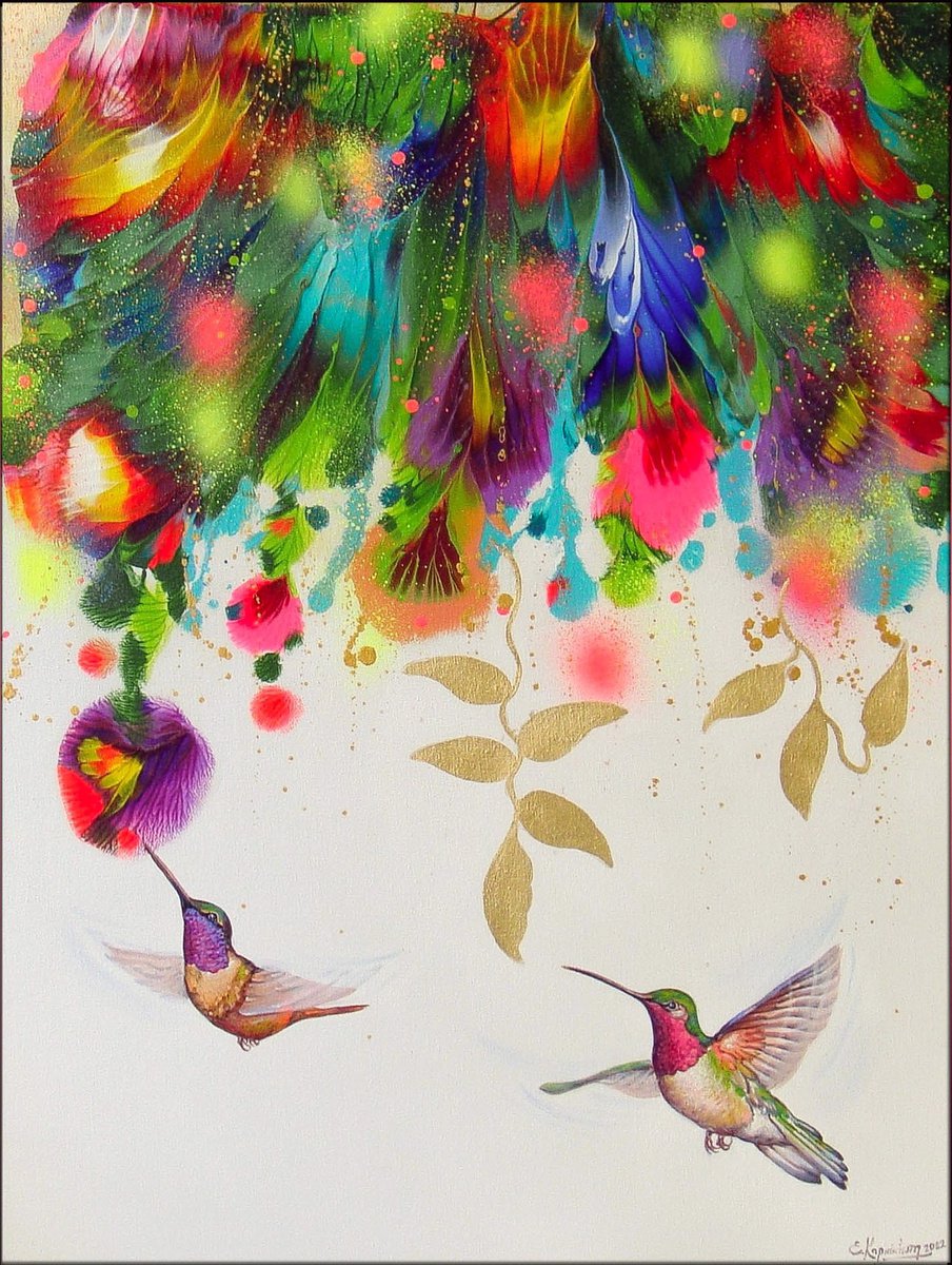 Flowers and Hummingbirds Abstract Floral Painting by Irini Karpikioti