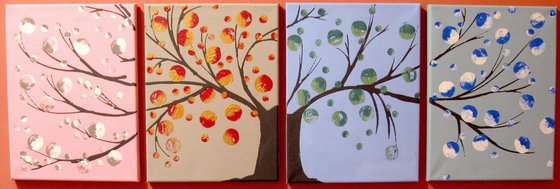 tree of life painting in a quadriptych style, for home office or nursery , original extra large wall art in acrylic hand made " Seasons " contemporary blossom 64 x 20"