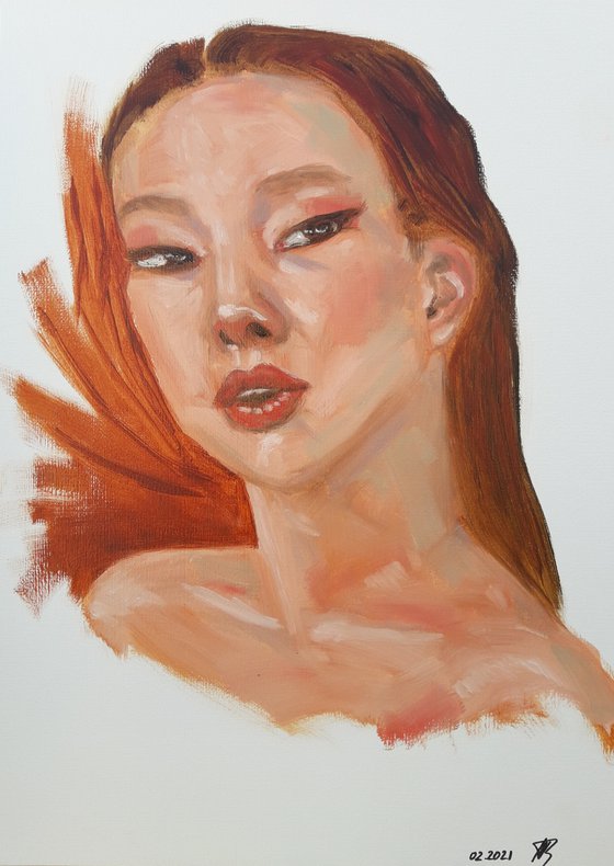 Asian woman portrait. Etude style. 38 x 27 cm/ 15 x 10.6 in