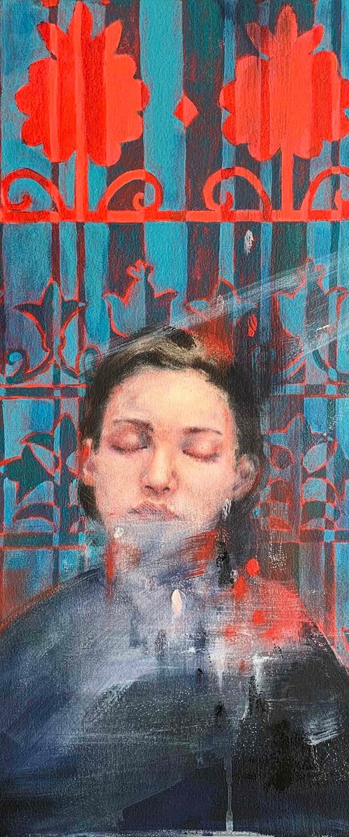 Woman with closed eyes on the background of traditional ornamentation by Alina Lobanova
