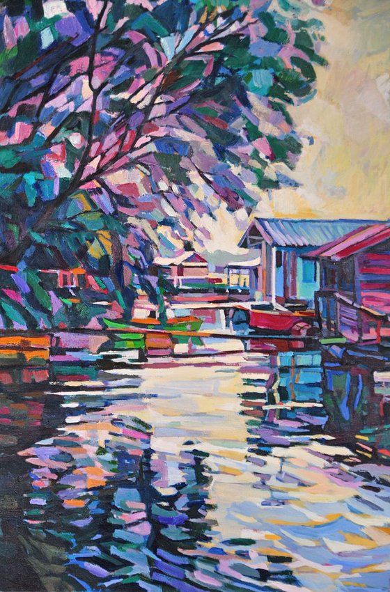 Fishing colony on the river / 90 x 60 cm