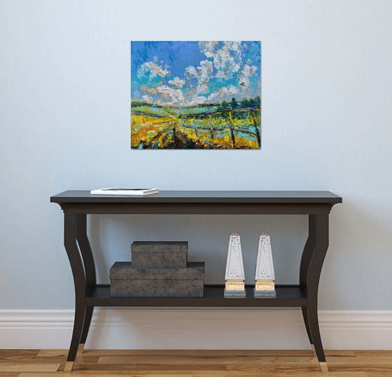 Fields - Yellow mood, 50*60 cm, impasto impressionistic landscape oil painting in yellow and blue colours