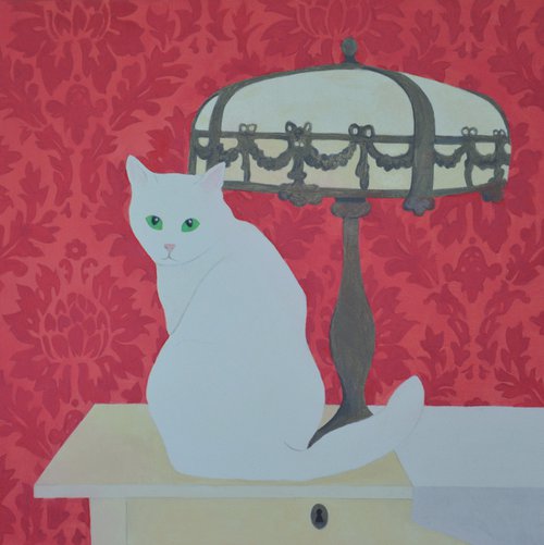 White Cat w Antique Lamp Before Red Damask a/k/a "Bianca" by Linda Southworth