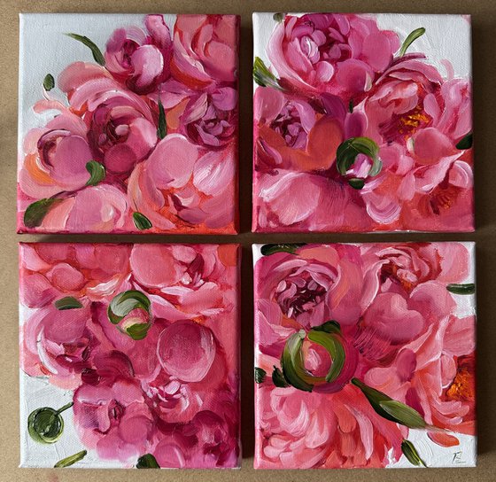 A quadriptych of salmon peonies