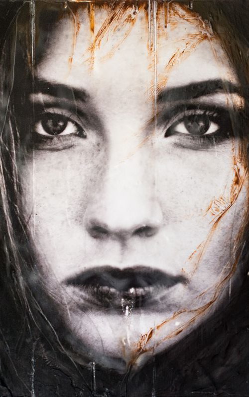 "Under the skin" (75x50x3cm) - Unique portrait artwork on wood (abstract, portrait, gouache, original, painting, coffee, acrylic, oil, watercolor, encaustics, beeswax, resin, wood, fingerpaint) by Rouzbeh Tahmassian