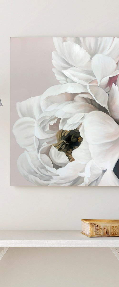 "Gray Silk Peonies" White gray flower oil art by Olha