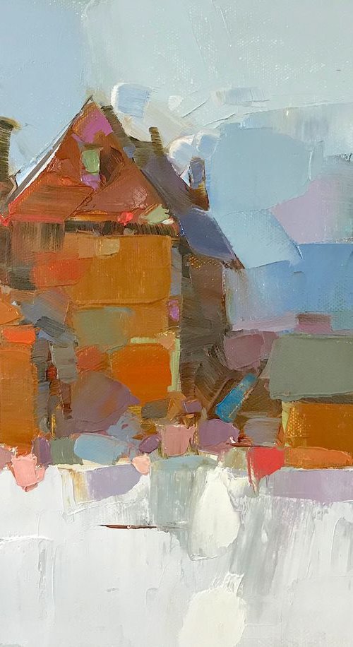 Province-Winter Time, Landscape oil painting, One of a kind, Handmade artwork by Vahe Yeremyan