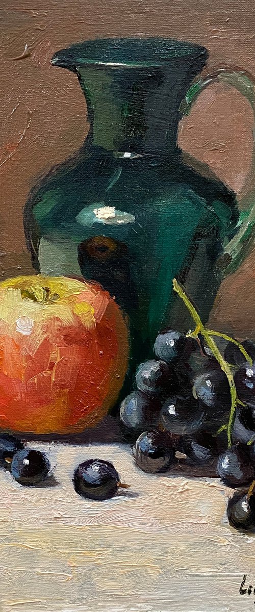 Still Life with Apple and Grapes by Ling Strube