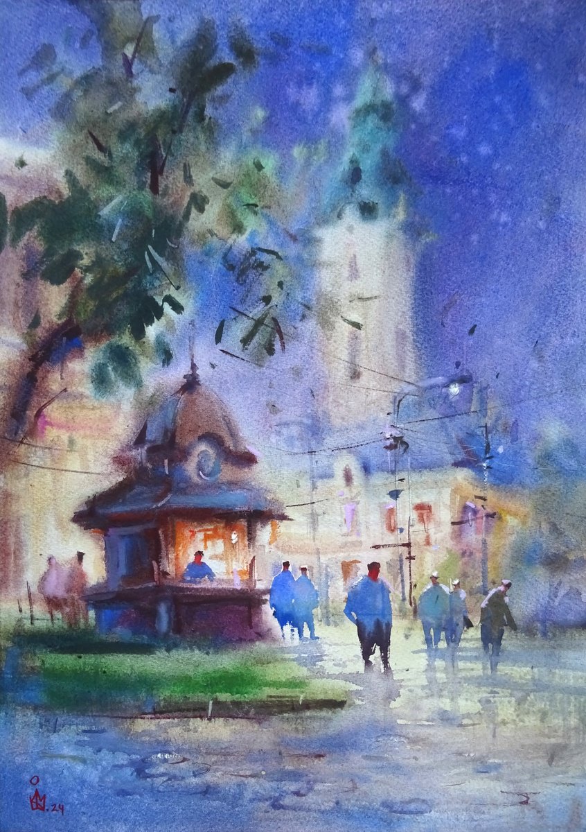 Impressionistic Cityscapes Watercolour By Maksym Kisilov, 11 X 16", ,,Lviv Night,,, Original Artwork