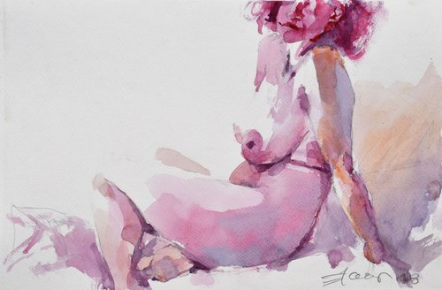 Nude on bed in red by Goran Žigolić Watercolors