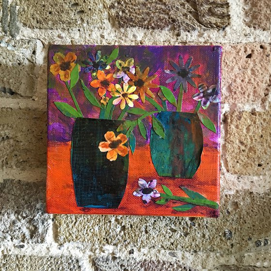 2 vases of flowers - orange canvas