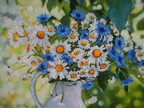 Daisies and Cornflowers with Sparrows