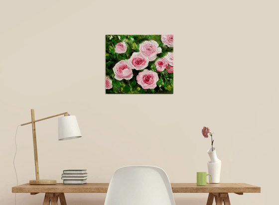 Roses in bloom, garden, oil painting on canvas.