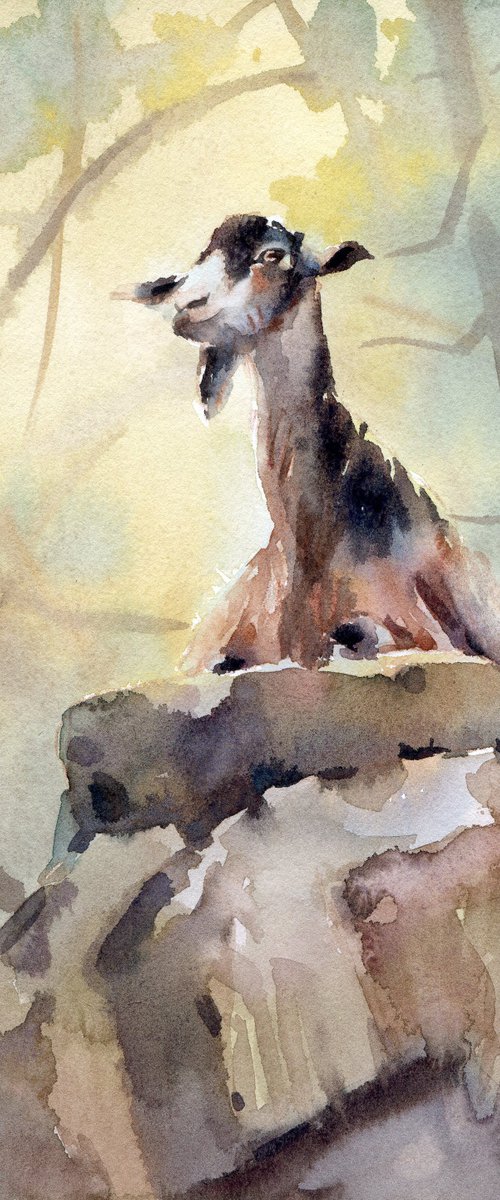Wild goat in the Avakas gorge Watercolor nature of Cyprus by Yulia Evsyukova