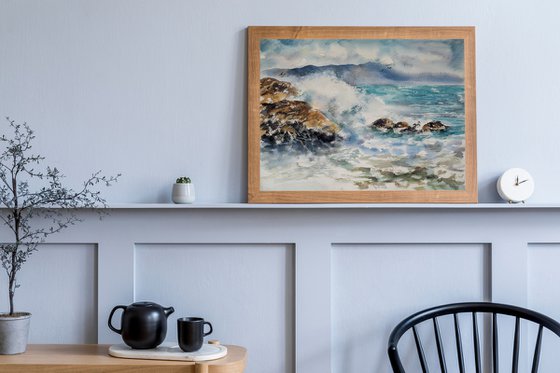 Surf wave in Cadaques, Spain - original watercolor