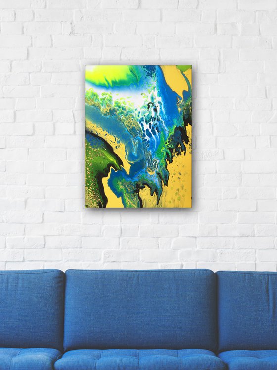 "Neon Waterfall" - Special Price - Original Abstract PMS Fluid Acrylic Painting, 18 x 24 inches