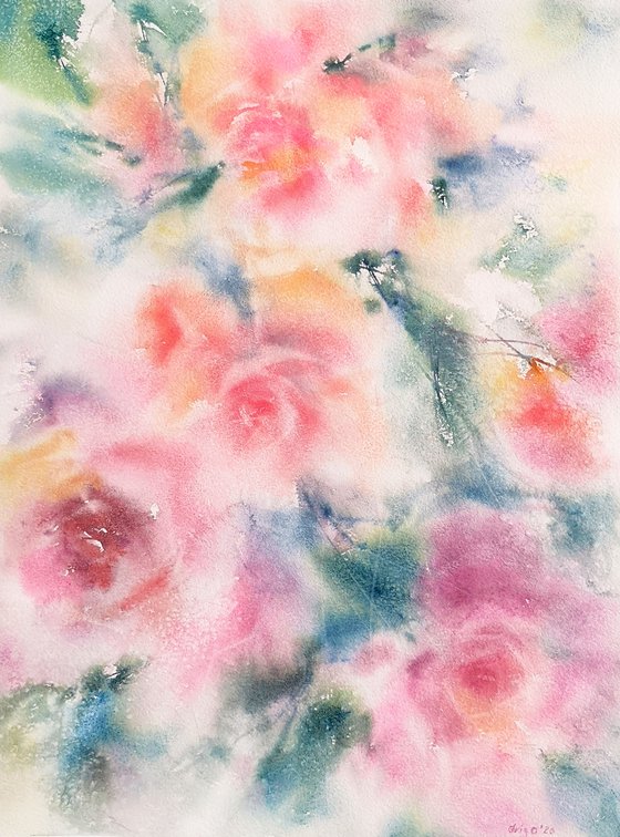 Pink roses, watercolor floral painting