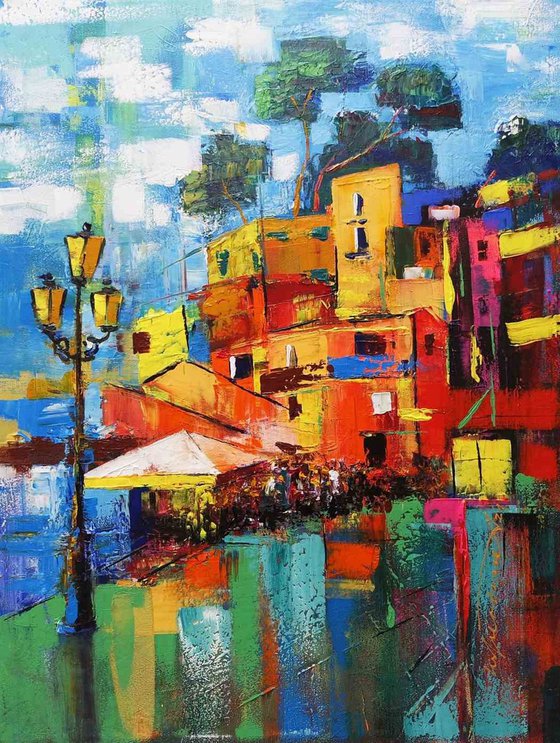 Sorrento view, Italian Cityscape, Italy Sorrento, Impressionist Landscape Italy, Gestural Artwork, Expressive City Landscape, Italy Painting, Mediterranean Coast Painting