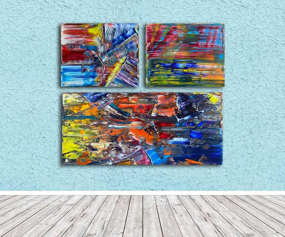 "We Are New In Town" - Save As A Series - Original PMS Large Oil Painting Triptych on One Large Recycled Wooden Panel and Two Canvas- 41 x 34 inches