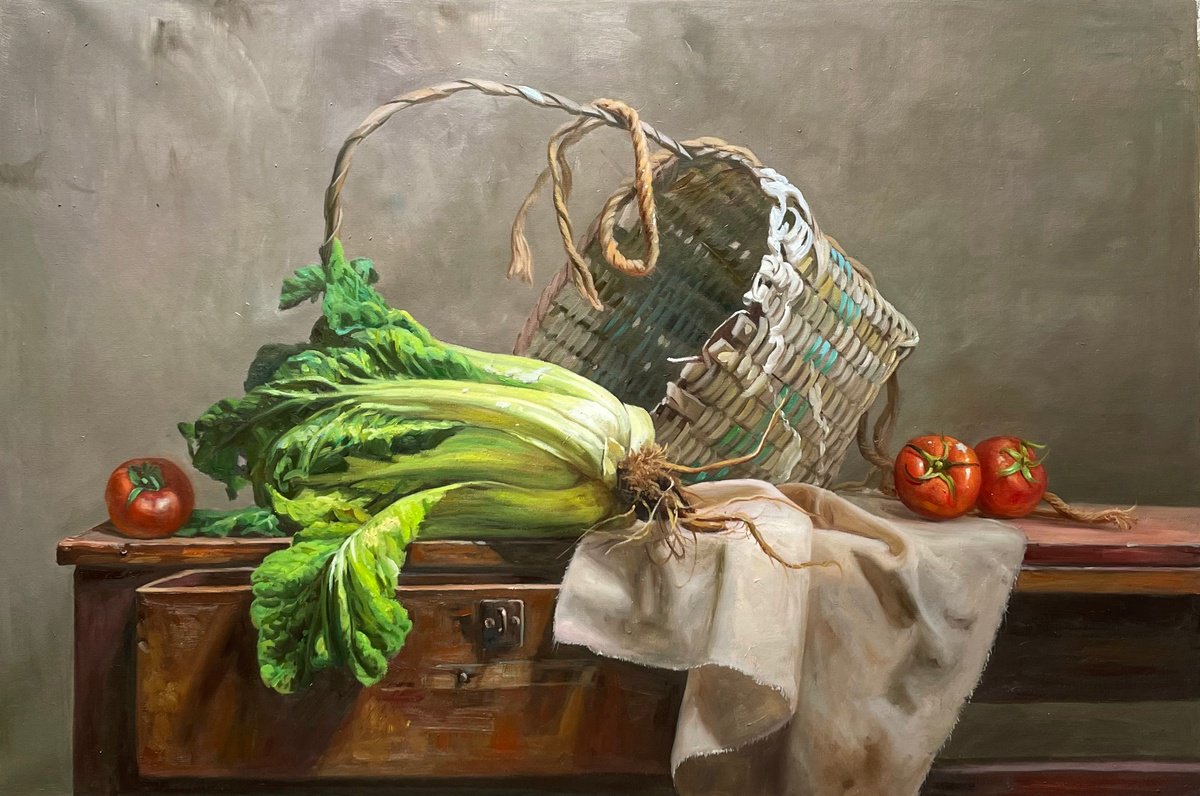 Photorealistic Still Life Oil Painting By Kunlong Wang, 35 X 24", Chinese Cabbages T260, Original Artwork