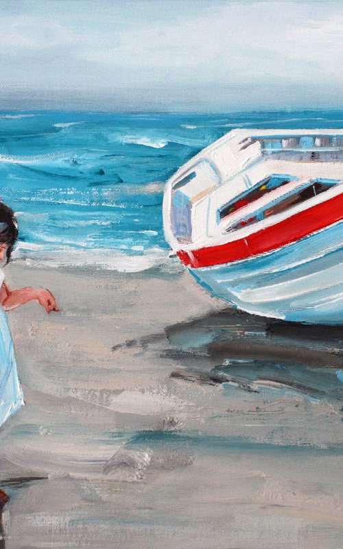 "GIRL ON THE BEACH ... " ORIGINAL PAINTING PALETTE KNIFE, GIFT,GIRLS, OIL ON CANVAS by mir-jan