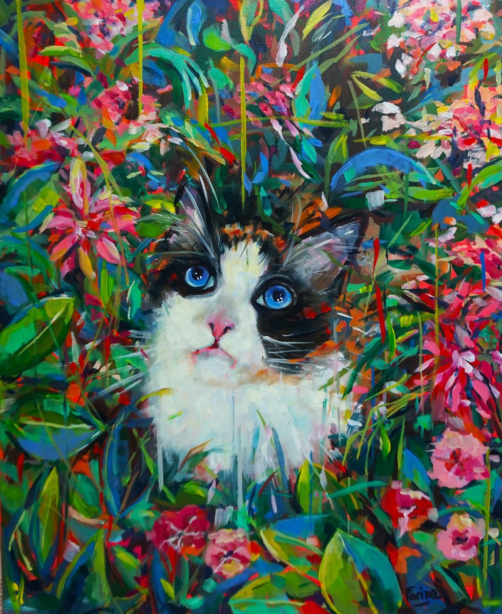 Impressionistic Animal Oil Painting By Amaya Fernandez Fariza, 20 X 24, Among Flowers, Original Artwork