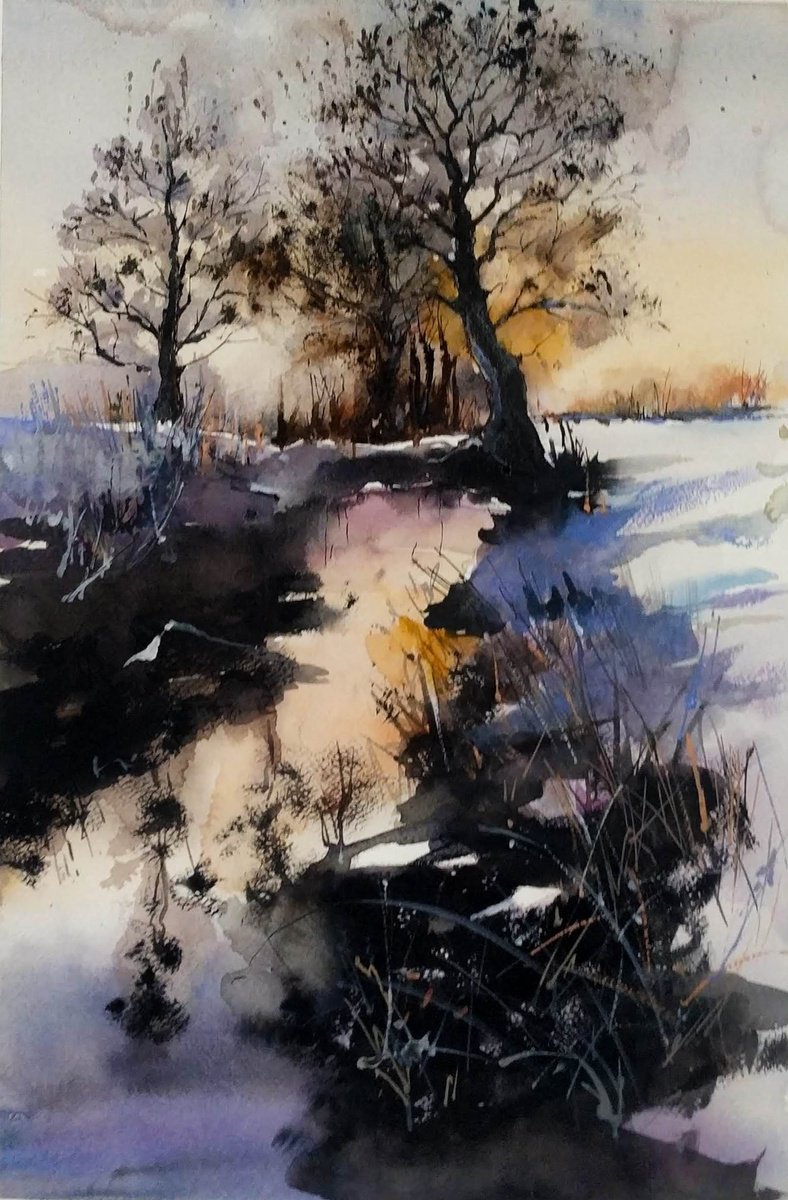 Impressionistic Landscape Watercolour By Flavio Furlan, 13 X 22, Winter Sunset, Original Artwork