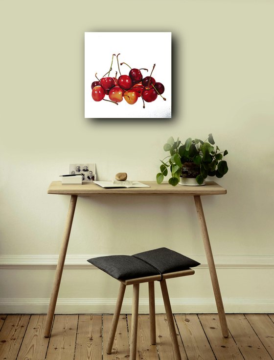 Cherries painting, Original oil on canvas realistic art, 30 x 30 cm