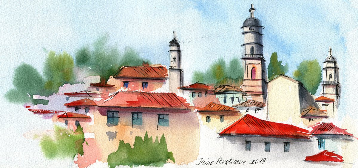 Town, 28x14,5 sm, small, red, blue, roofs, watercolor by Irina Povaliaeva