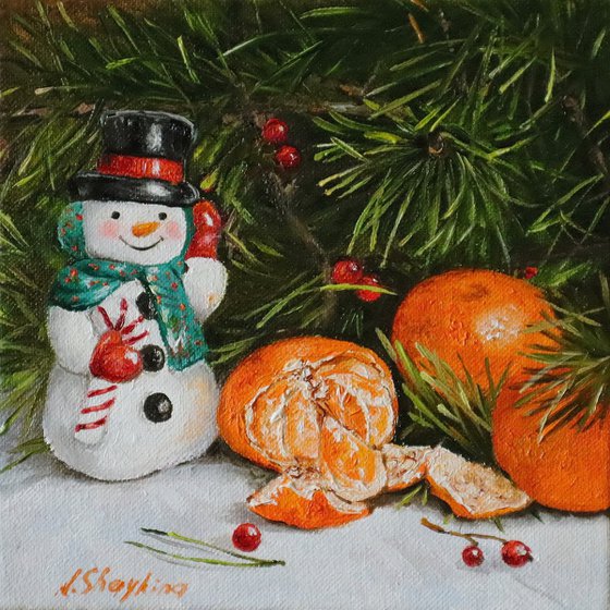 Snowman. Christmas painting.