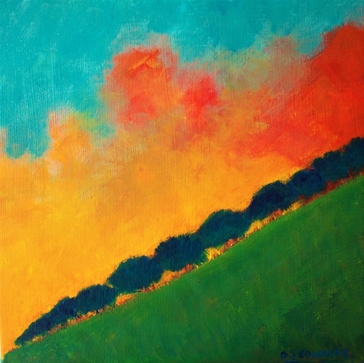 Impressionistic Landscape Acrylic Painting By David J Edwards, 12 X 12, Hilltop Sunrise, Original Artwork