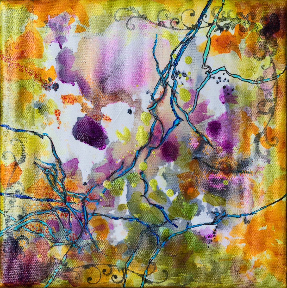 Abstract Painting By Fabienne Monestier, 8 X 8, Orange Ornament, Original Artwork
