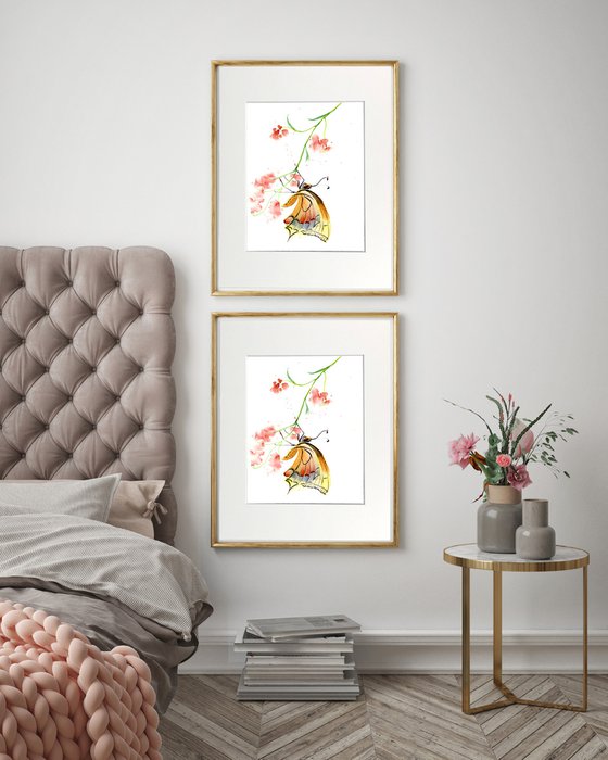 Butterfly and plant -  Set of 2 mounted original watercolor paintings