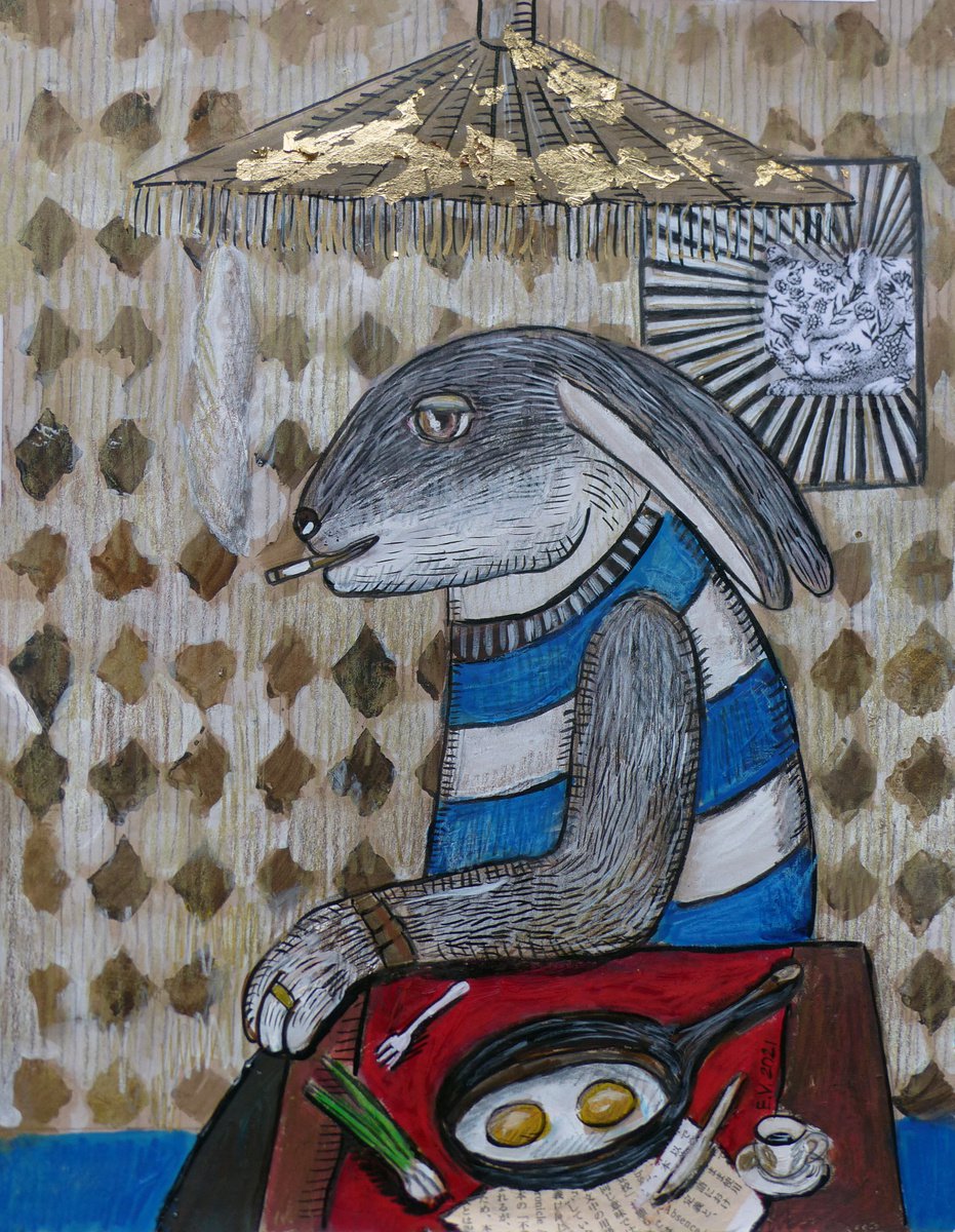 Naive Animal Painting By Elizabeth Vlasova, 11 X 14, Dinner#5, Original Artwork