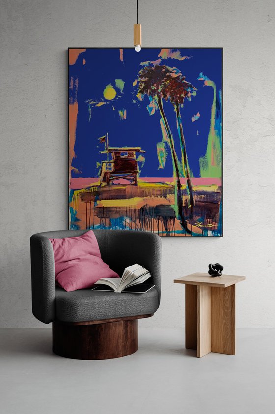 Big painting - "Blue sky in Miami" - Bright painting - Pop Art - Urban - Palms - California - Sunset - Blue&Pink