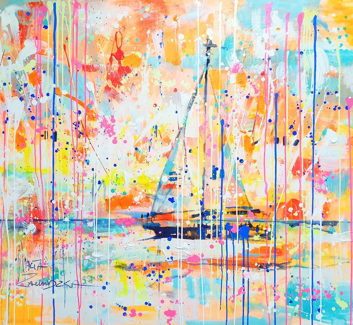 Impressionistic Landscape Acrylic Painting By Marta Zawadzka, 51 X 47", Summer Cruise, Original Artwork