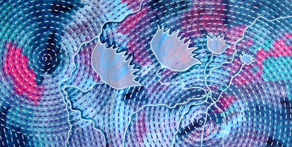 Abstract Botanical Acrylic Painting By Marina Krylova, 39 X 20", Quiet Pond, Original Artwork