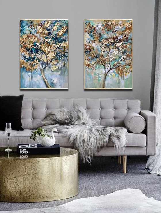Duality - 48" x 36" Abstract Tree Art, Set of Two Paintings, Multi Panel Abstract, ORIGINAL Painting, Gold Leaf Painting, Black and Gold, Large Art