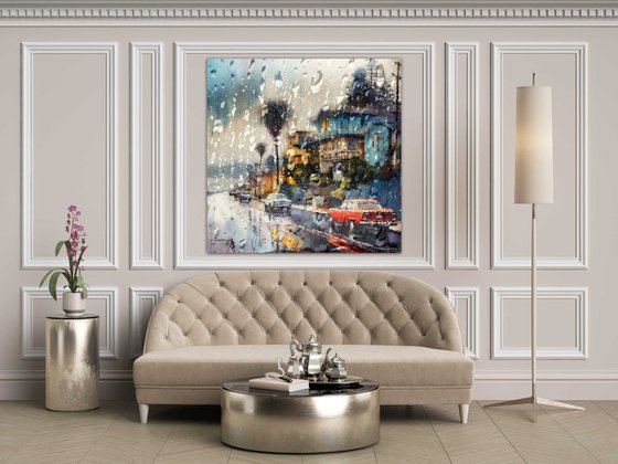 Rainy day in south city. Urban cityscene, retro mid century retro impressionistic landscape art. Large wall home decor. Art Gift