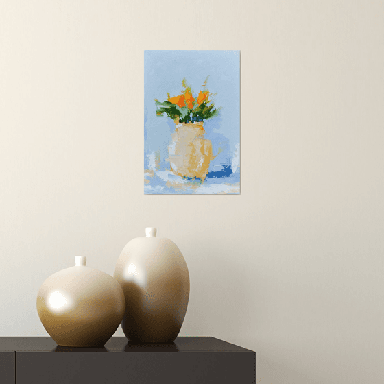 Abstract still life painting. Flower in vase oil painting. Original artwork for gift