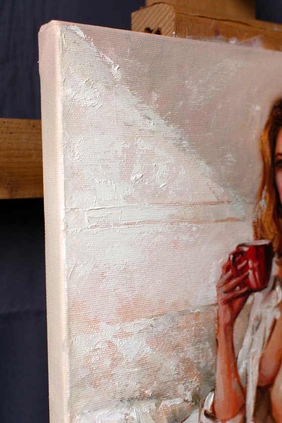 Her morning coffee by Yaroslav Sobol  (Modern Impressionistic Romantic Beautiful Girl Oil painting Gift)