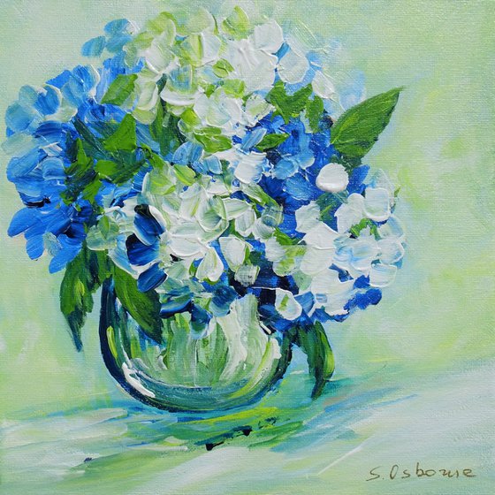 Blue White Hydrangeas Abstract Flowers Small Painting on Canvas. Impressionistic Stile Floral Abstract Art. Modern Impressionism