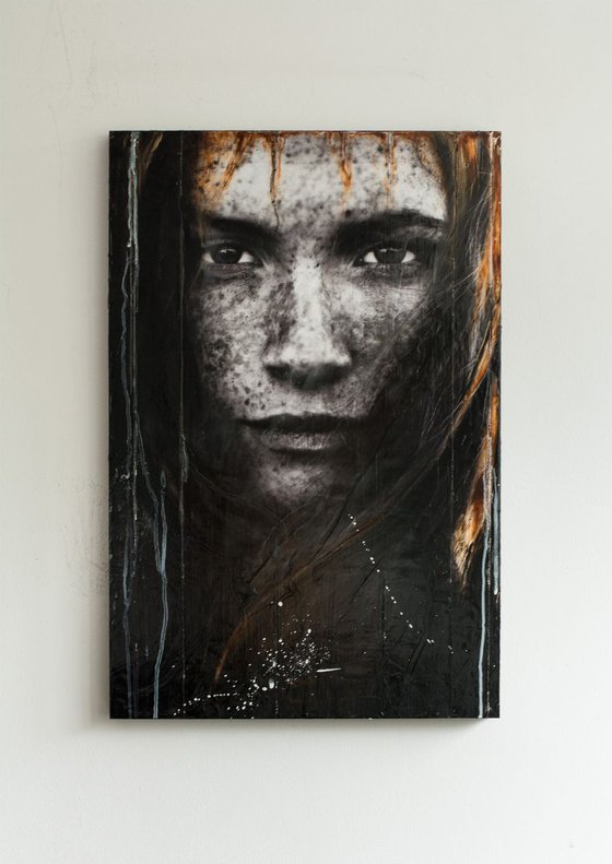 "Eline" (60x40x2,5cm) - Unique portrait artwork on wood (abstract, portrait, copper, original, epoxy, painting)