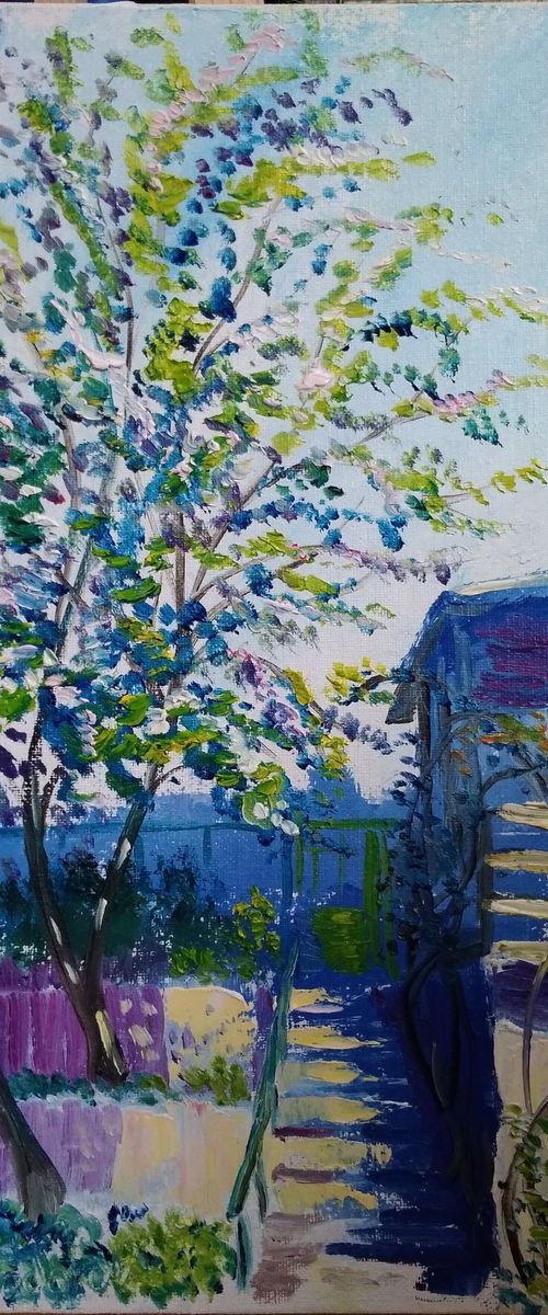 Stairs in yard of the country house Plein Air Painting by Dmitry Fedorov