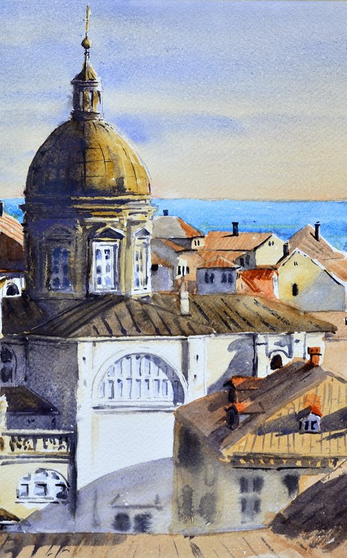 Panorama krovovi Dubrovnik Croatia 53x35cm 2022 by Nenad Kojić watercolorist