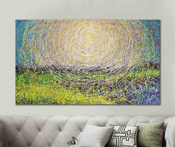 Sunsine Large painting Light green Yellow landscape Sun in the sky Abstract Sunshine painting