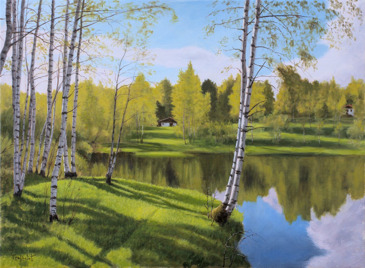 Impressionistic Landscape Oil Painting By Dejan Trajkovic, 34 X 26, Birches On The Grassy Shore, Original Artwork