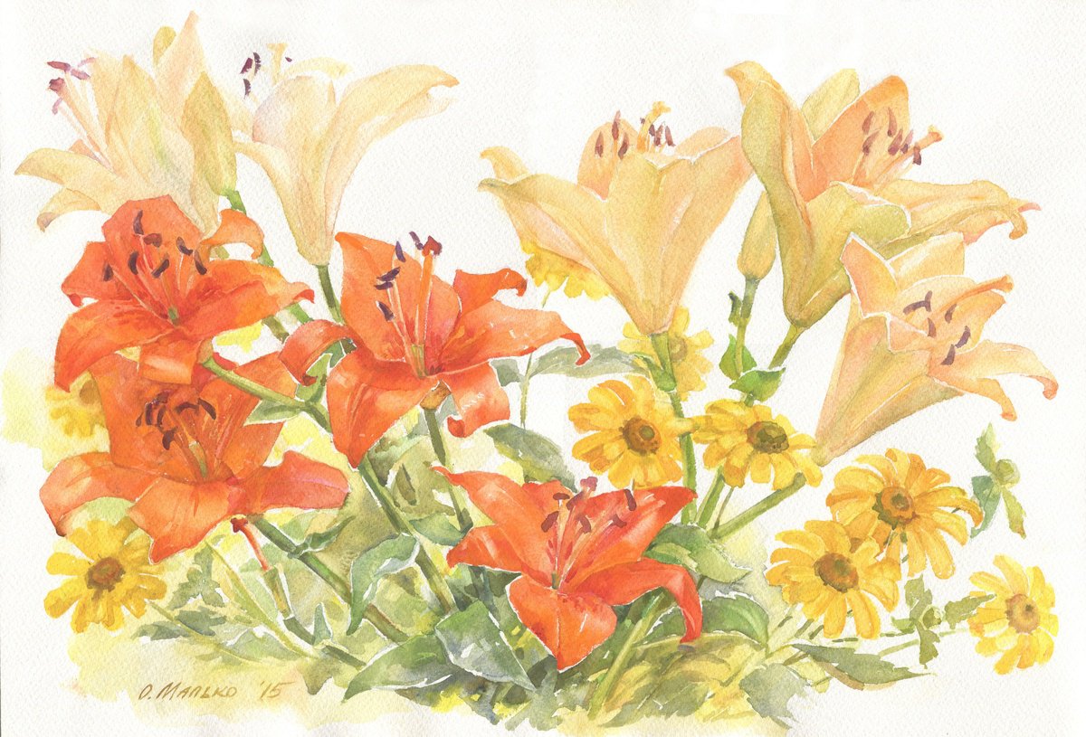 Lilies bouquet from friend / ORIGINAL watercolor 22x15in (56x38cm) by Olha Malko